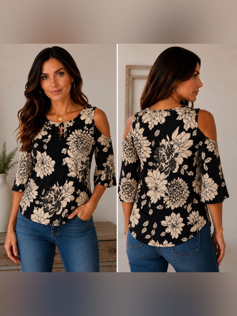 Floral Cold-Shoulder Blouse in Black and Cream